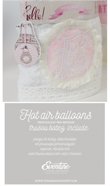 Trusou de botez cu baloane de aer cald roz si broderie, Hot Air Pink Balloon!  1